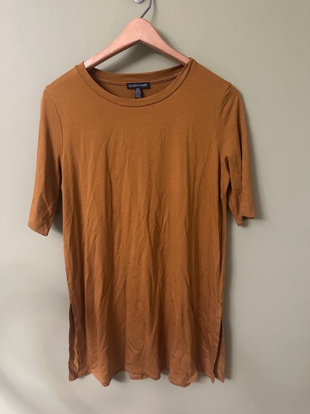 Eileen Fisher Tencel Tunic Sz SP Top Mustard Tan Short Sleeve Side Slit‎ Stretch - Picture 2 of 8